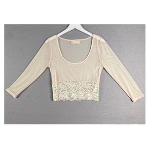 a'reve Crop Top Womens M Cream Lace Mesh Long Sleeve Coquette Feminine Delicate
